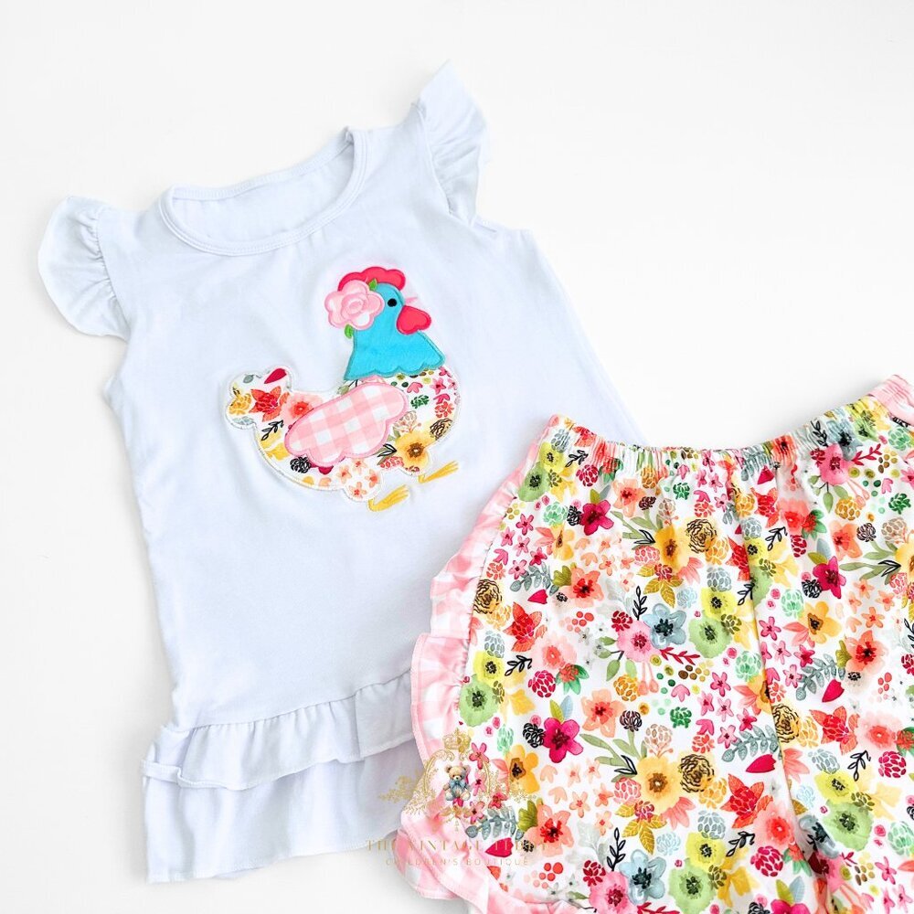 NWT Pretty Girls Top & Shorts Matching Set EmbroideryPatchwork Little Hen 10-12Y - Picture 2 of 3